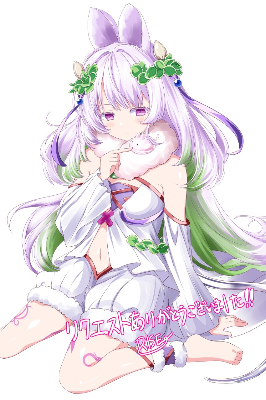 1girl absurdres ankle_cuffs bare_shoulders bloomers blush breasts closed_mouth hand_on_ground highres leaf leaf_on_head leg_tattoo long_hair looking_at_another medium_breasts midriff monster_girl navel plant_girl purple_eyes rise_(rise19851203) simple_background sitting smile stomach tattoo traptrix_genlisea underwear wariza white_background white_hair yu-gi-oh!