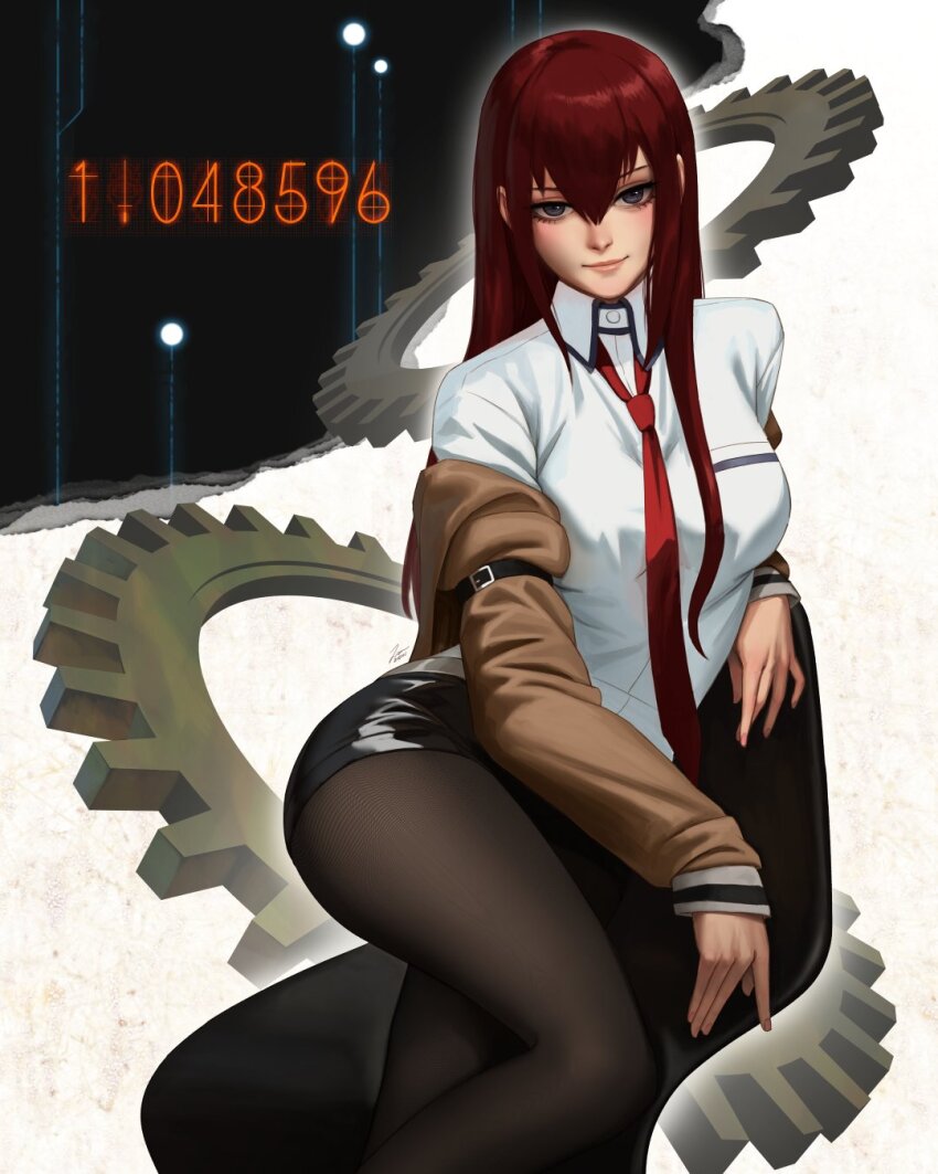 1girl arm_strap aura belt black_background black_pantyhose black_shorts breast_pocket breasts brown_belt brown_coat chair circuit_board_print coat collared_shirt commentary dress_shirt elbow_rest english_commentary eyelashes feet_out_of_frame gears hair_between_eyes hair_over_shoulder highres large_breasts light_smile lips long_bangs long_hair looking_at_viewer loose_necktie makise_kurisu necktie nixie_tube nose off_shoulder on_chair outline pantyhose pantyhose_under_shorts pink_lips pocket purple_eyes purple_trim red_hair red_necktie shiny_clothes shirt short_shorts shorts sidelocks sitting smile solo steins;gate torn_paper very_long_hair white_background white_outline white_shirt yokozuwari zienu