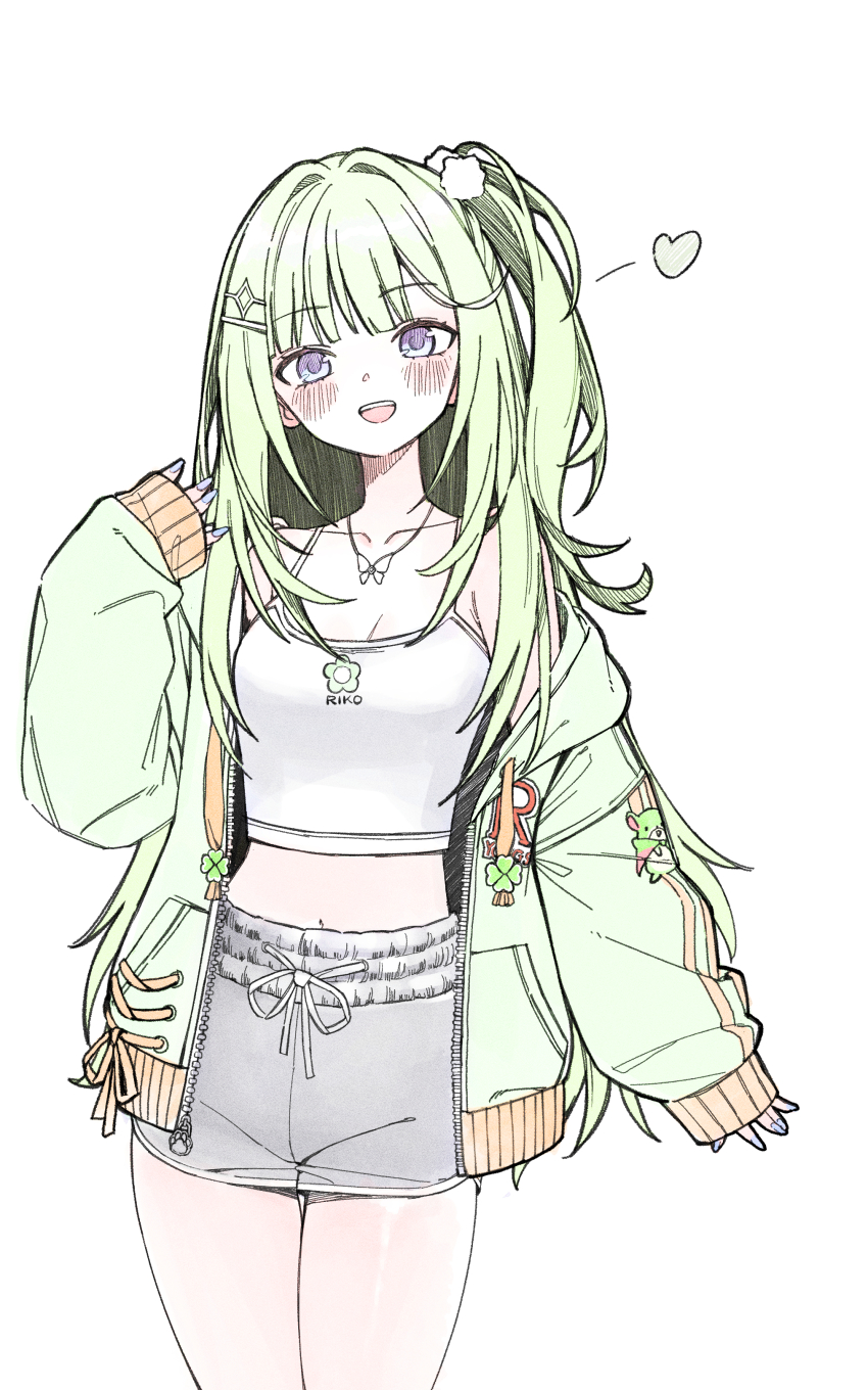 1girl absurdres arm_at_side breasts camisole choppy_bangs cleavage cowboy_shot crop_top drawstring elppi green_hair green_jacket grey_eyes grey_shorts hand_up hashtag-only_commentary heart highres jacket long_hair long_sleeves midriff muted_color navel one_side_up open_clothes open_jacket open_mouth print_camisole short_shorts shorts simple_background single_off_shoulder sleeves_past_wrists smile solo standing stellive unzipped virtual_youtuber white_background white_camisole yuzuha_riko