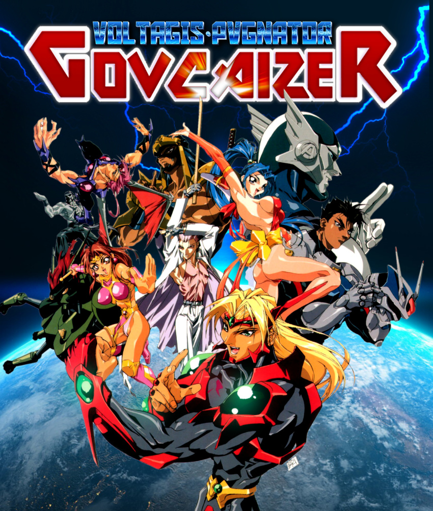 1990s_(style) 1995 armor ass breasts brider captain_atlantis choujin_gakuen_gowcaizer dark-skinned_female dark-skinned_male dark_skin earth_(planet) fudomaru fudou_ranpou gowcaizer hellstinger helmet highres hishizaki_shaia_(gowcaizer) kaiza_gouichiro kaiza_isato kash_gyustan latin_text marion_(gowcaizer) mask mecha oobari_masami planet power_armor power_suit retro_artstyle robot shigure_kyosuke shigure_kyousuke sideboob son_karin sword tachibana_ikki third-party_edit thunder unworn_headwear unworn_helmet weapon wooden_sword