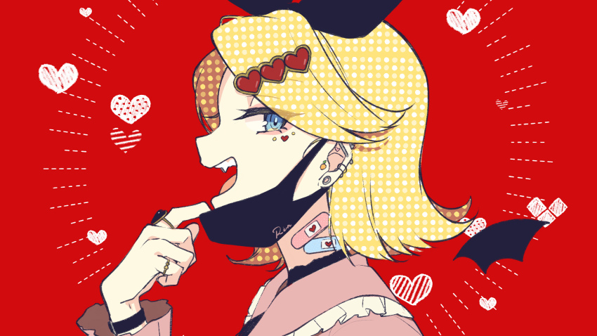 1girl bandaid ear_piercing fangs hair_ornament hazuki_natsu heart highres jewelry jirai_kei kagamine_rin long_hair long_sleeves looking_at_viewer mask mask_pull mouth_mask open_mouth piercing red_background ribbon shirt simple_background smile solo twintails vampire_(vocaloid) vocaloid