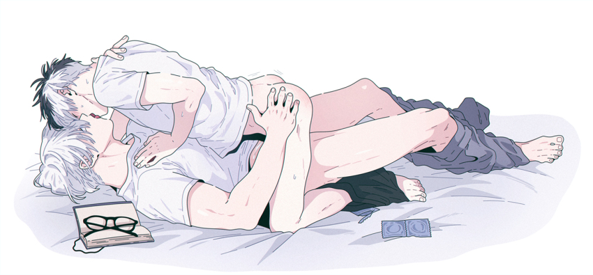 2boys ass black_hair book closed_eyes clothes_pull commentary_request condom condom_wrapper french_kiss glasses kiss korean_commentary lemonmelon00 lying male_focus male_underwear multicolored_hair multiple_boys open_book pants pants_pull sakura_haruka_(wind_breaker) shirt short_hair split-color_hair two-tone_hair umemiya_hajime underwear underwear_around_one_leg white_hair white_shirt wind_breaker_(nii_satoru) yaoi