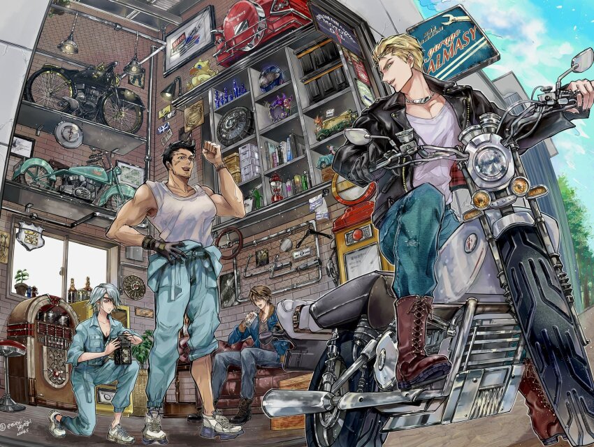 1girl 3boys alcohol artist_name bandaid bandaid_on_cheek bandaid_on_face bare_shoulders black_gloves black_hair black_jacket black_shirt blonde_hair blue_eyes blue_jacket blue_pants book boots bottle breasts brick_wall brown_eyes brown_footwear brown_hair camera chain chain-link_fence chain_necklace character_name chocobo cleavage clenched_hand clothes_around_waist clothes_hanger couch creature dated denim denim_jacket eni_(yoyogieni) eyebrow_piercing eyepatch face_piercing facial_hair fence final_fantasy final_fantasy_viii full_body fuujin_(ff8) garage gloves green_eyes grey_hair grey_pants hair_slicked_back hand_on_own_hip helmet highres holding holding_bottle holding_camera jacket jacket_around_waist jeans jewelry jukebox lantern leather leather_jacket liquor long_sleeves male_focus medium_breasts mirror moogle moomba motor_vehicle motorcycle multiple_boys muscular muscular_male necklace on_motorcycle on_one_knee open_mouth pants pants_rolled_up parted_lips piercing plant potion potted_plant raijin_(ff8) red_eyes ring scar scar_on_face scar_on_forehead seifer_almasy shirt shoes single_glove sitting sleeves_rolled_up smile sneakers spray_can squall_leonhart steering_wheel stuffed_animal stuffed_bird stuffed_toy swept_bangs tank_top toy_car watch white_footwear white_shirt white_tank_top wrench wristwatch
