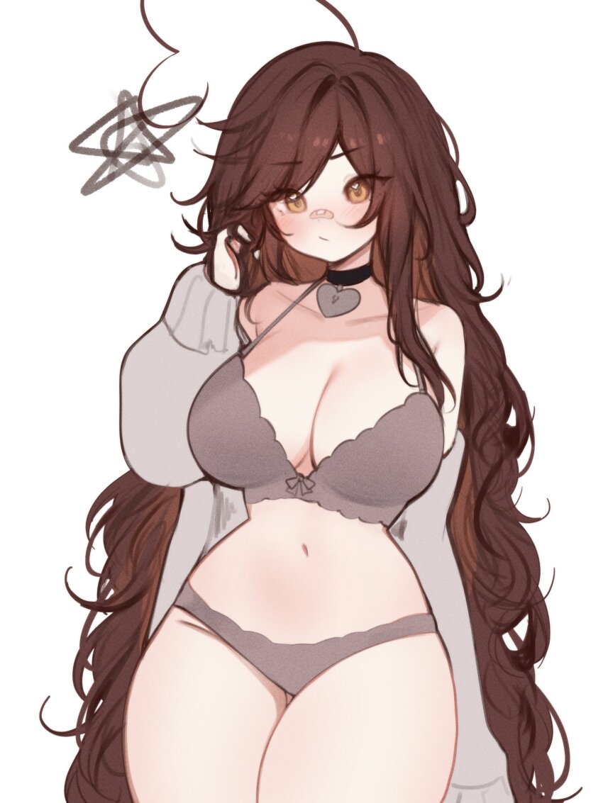1girl absurdres ahoge bandaid bandaid_on_face bandaid_on_nose blush breasts brown_hair cleavage highres indie_virtual_youtuber large_breasts long_hair messy_hair simple_background sky_above_me sky_above_me_(vtuber) solo very_long_hair virtual_youtuber white_background