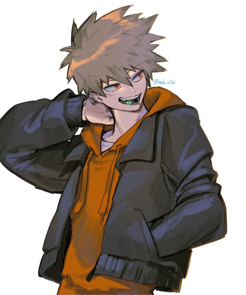 1boy arm_up bakugou_katsuki blonde_hair boku_no_hero_academia candy crew_neck drawstring facial_scar food hand_in_pocket highres hood hood_down hoodie jacket lapels lollipop long_sleeves looking_to_the_side male_focus molu_c152 open_clothes open_jacket open_mouth red_hoodie scar scar_on_cheek scar_on_face shirt short_hair sideways_glance simple_background solo spiked_hair teeth twitter_username white_background white_shirt