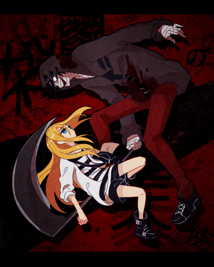 10s 1boy 1girl bag bandages bandaged_hand black_hair blonde_hair blood blood_on_clothes blue_eyes boots choker highres hood hoodie isaac_foster long_hair pants rachel_gardner ray_(satsuriku_no_tenshi) satsuriku_no_tenshi scythe shimura_(yoshikatu) short_hair shorts weapon zack_(satsuriku_no_tenshi)