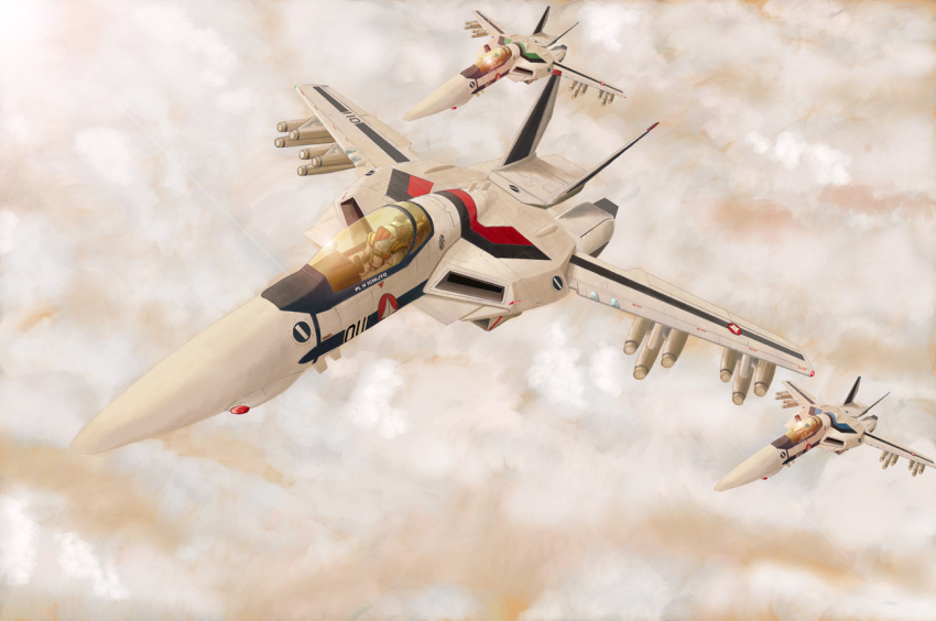 1980s_(style) 2boys aircraft airplane armor bad_id bad_pixiv_id cloud flying helmet i.t.o_daynamics ichijou_hikaru jet kakizaki_hayao macross macross:_do_you_remember_love? maximilian_jenius mecha missile multiple_boys oldschool pilot_suit realistic retro_artstyle robot science_fiction spacecraft spacesuit u.n._spacy vehicle_focus vf-1 vf-1a vf-1s