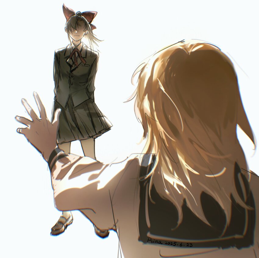 2girls aihara-rina alternate_costume arms_behind_back black_jacket black_skirt blonde_hair bow brown_hair closed_mouth from_behind hakurei_reimu highres jacket kirisame_marisa light_smile long_sleeves multiple_girls reaching reaching_towards_another red_bow school_uniform serafuku shaded_face shirt skirt touhou white_background white_shirt