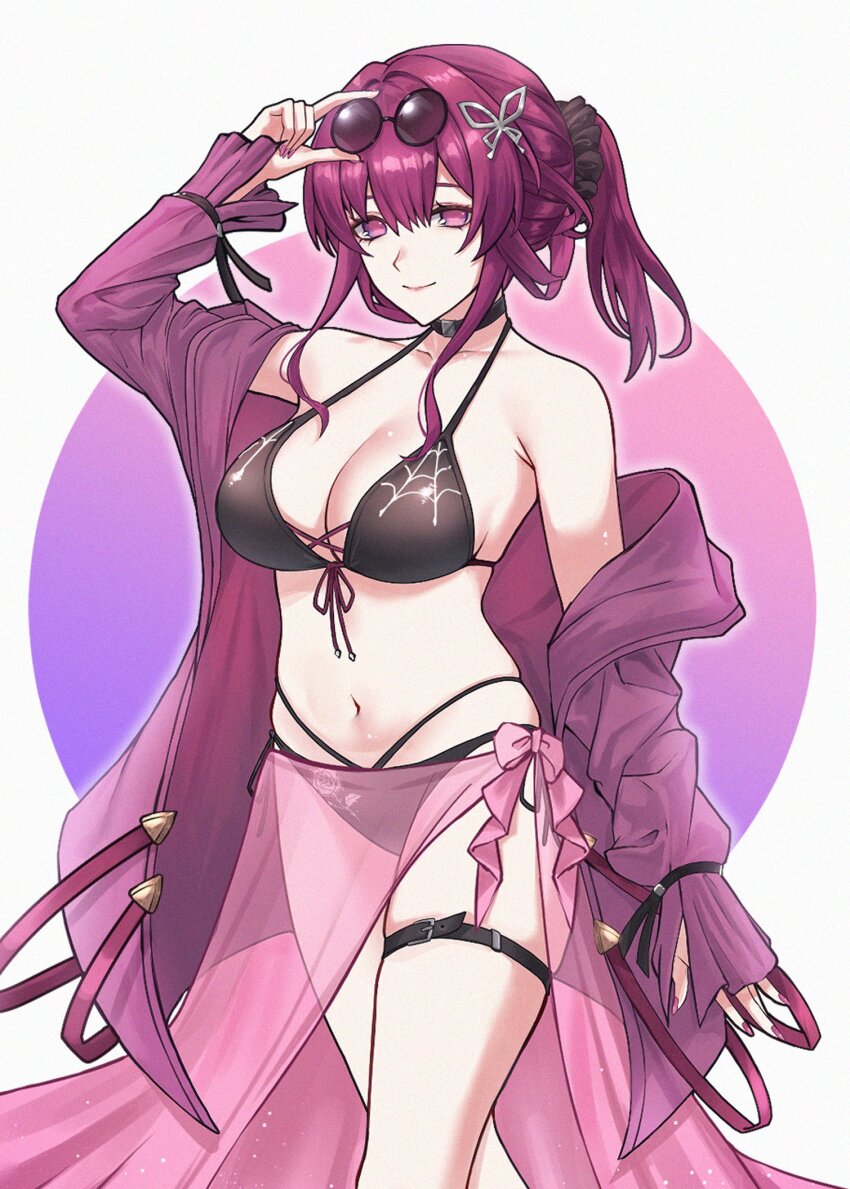 1girl alternate_costume belt bikini black_bikini breasts cleavage coat commentary_request eyewear_on_head hal_aluha highres honkai:_star_rail honkai_(series) kafka_(honkai:_star_rail) large_breasts navel oval_background purple_background purple_coat purple_eyes purple_hair purple_sarong round_eyewear sarong see-through_clothes see-through_sarong short_hair solo stomach sunglasses swimsuit thigh_belt thigh_strap white_background