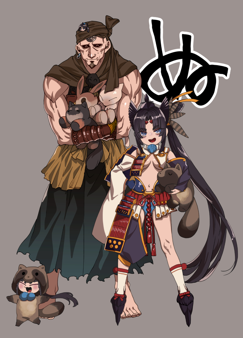 1boy 1girl animal animal_hug armor asymmetrical_sleeves bad_id bad_pixiv_id bandana barefoot black_hair blue_eyes breasts chibi dog fate/grand_order fate_(series) fox geta hair_bun height_difference highres japanese_armor kusazuri mismatched_sleeves musashibou_benkei_(fate) muscular navel pom_pom_(clothes) raccoon revealing_clothes rokkotsu side_bun side_ponytail single_side_bun small_breasts socks tengu-geta thick_eyebrows too_many underboob ushiwakamaru_(fate) white_legwear