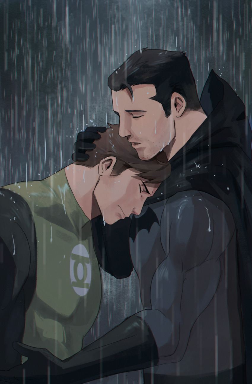 2boys bara batman batman_(series) black_bodysuit black_cape black_gloves bodysuit brown_hair bruce_wayne cape closed_eyes closed_mouth couple dc_comics facial_hair gloves green_bodysuit green_lantern green_lantern_(series) grey_bodysuit hal_jordan haljordanmylove highres hug large_pectorals male_focus multiple_boys muscular muscular_male outdoors pectorals rain short_hair two-tone_bodysuit upper_body water water_drop wet wet_clothes yaoi