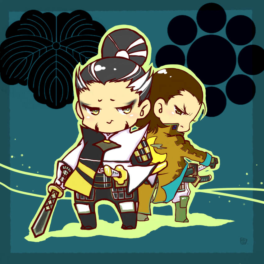 2boys absurdres aqua_background back-to-back black_hair brown_coat brown_eyes brown_hair chibi chibi_only coat crescent_print frown hair_slicked_back highres holding holding_sword holding_weapon katakura_kojuurou_(sengoku_basara) katana looking_at_another male_focus matsunaga_hisahide_(sengoku_basara) multicolored_hair multiple_boys mushimegane333 scabbard sengoku_basara sheath sheathed short_hair simple_background smirk streaked_hair sword topknot weapon white_hair yellow_eyes