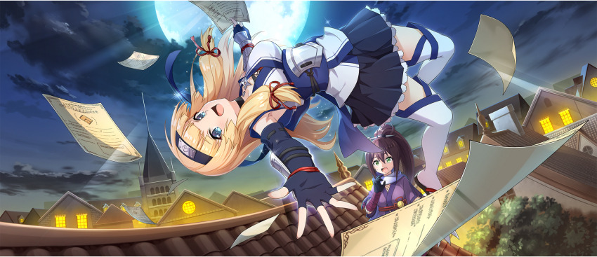 2girls :d armor armpit_crease black_choker black_gloves blonde_hair blue_eyes blue_gloves blue_headband blue_sash blue_skirt blunt_bangs breasts brochure brown_hair building cecily_(konosuba) choker cleavage cloud cloudy_sky fingerless_gloves fishnet_top fishnets floating_hair forehead_protector full_moon game_cg gloves green_eyes hair_between_eyes hair_ribbon headband high_ponytail highres holding holding_paper japanese_armor japanese_clothes kimono kono_subarashii_sekai_ni_shukufuku_wo! konosuba!_fantastic_days kote kunai large_breasts lean_(konosuba) long_hair looking_at_another looking_at_viewer low-tied_sidelocks midair miniskirt moon multiple_girls night night_sky ninja obi official_alternate_costume official_art on_roof open_mouth outdoors outstretched_arm paper ponytail purple_kimono purple_scarf red_ribbon ribbon sandals sash scarf short_kimono shuriken sidelocks skirt sky sleeveless sleeveless_kimono smile socks sweatdrop tabi thighhighs throwing tile_roof upside-down weapon white_kimono white_socks worried zettai_ryouiki zouri