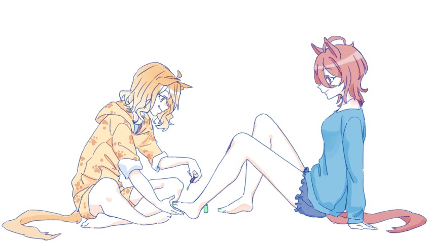2girls absurdres agnes_tachyon_(umamusume) animal_ears applying_manicure applying_pedicure bare_legs barefoot black_shorts blue_shirt breasts brown_eyes brown_hair brown_hoodie brown_shorts closed_mouth frilled_shorts frills from_side green_nails hair_between_eyes highres hood hood_down hoodie horse_ears horse_girl horse_tail jungle_pocket_(umamusume) knees_up multiple_girls nail_polish painting_toenails profile seila_rei shirt short_shorts shorts simple_background sitting small_breasts tail toenail_polish toenails tongue tongue_out umamusume white_background