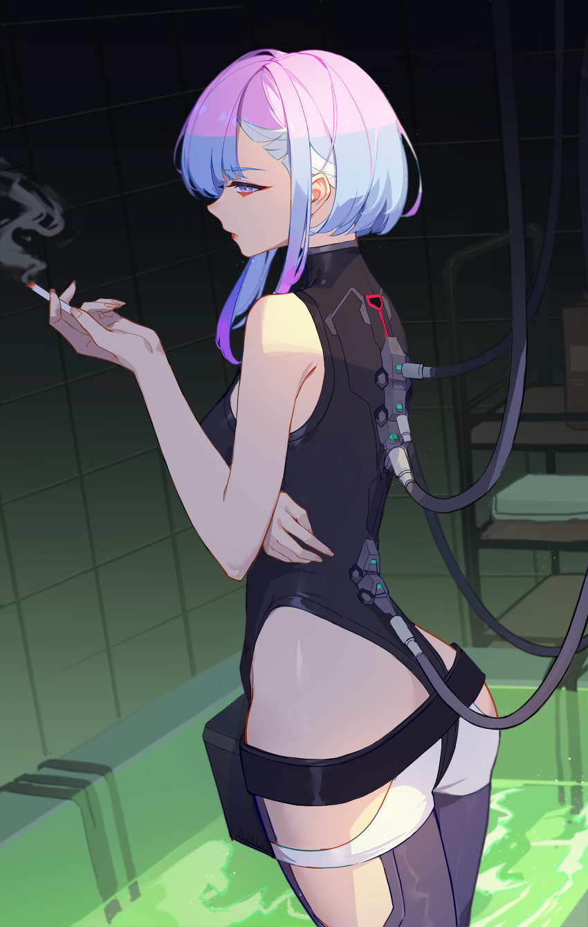 1girl absurdres ass asymmetrical_hair bare_arms bathtub blue_eyes bodysuit breasts cable cigarette cyberpunk_(series) cyberpunk_edgerunners eyeliner from_side highres holding holding_cigarette indoors lance_(lancelliu) looking_ahead lucy_(cyberpunk) makeup medium_breasts multicolored_hair parted_lips plug short_hair smoke smoking solo water white_hair