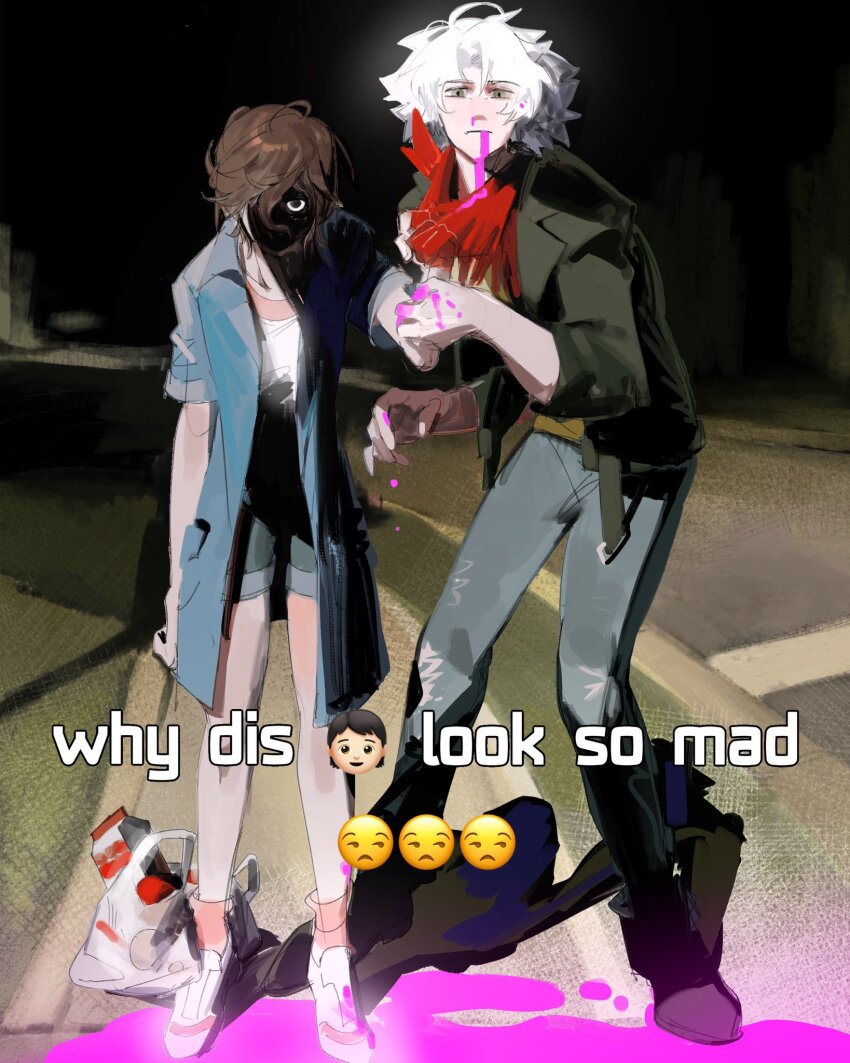 1boy 1girl bag bandana black_jacket blood blood_from_mouth blood_on_feet blue_coat brown_hair classicaloid coat denim emoji english_text grocery_bag highres jacket jeans ludwig_van_beethoven_(classicaloid) meme messy_hair night octahooves otowa_kanae outdoors pants pink_blood pool_of_blood red_bandana shaded_face shopping_bag short_hair white_footwear white_hair why_dis_ninja_look_so_mad_(meme)