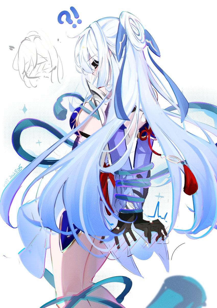 !? 1girl absurdres black_gloves blindfold blue_dress blue_hair blue_ribbon blue_skirt blush bound bound_wrists breasts commentary cowboy_shot dated detached_sleeves dress english_commentary from_behind gloves hair_ribbon highres honkai:_star_rail honkai_(series) jingliu_(honkai:_star_rail) long_hair long_sleeves medium_breasts ribbon simple_background skirt solo very_long_hair voi_271 white_background