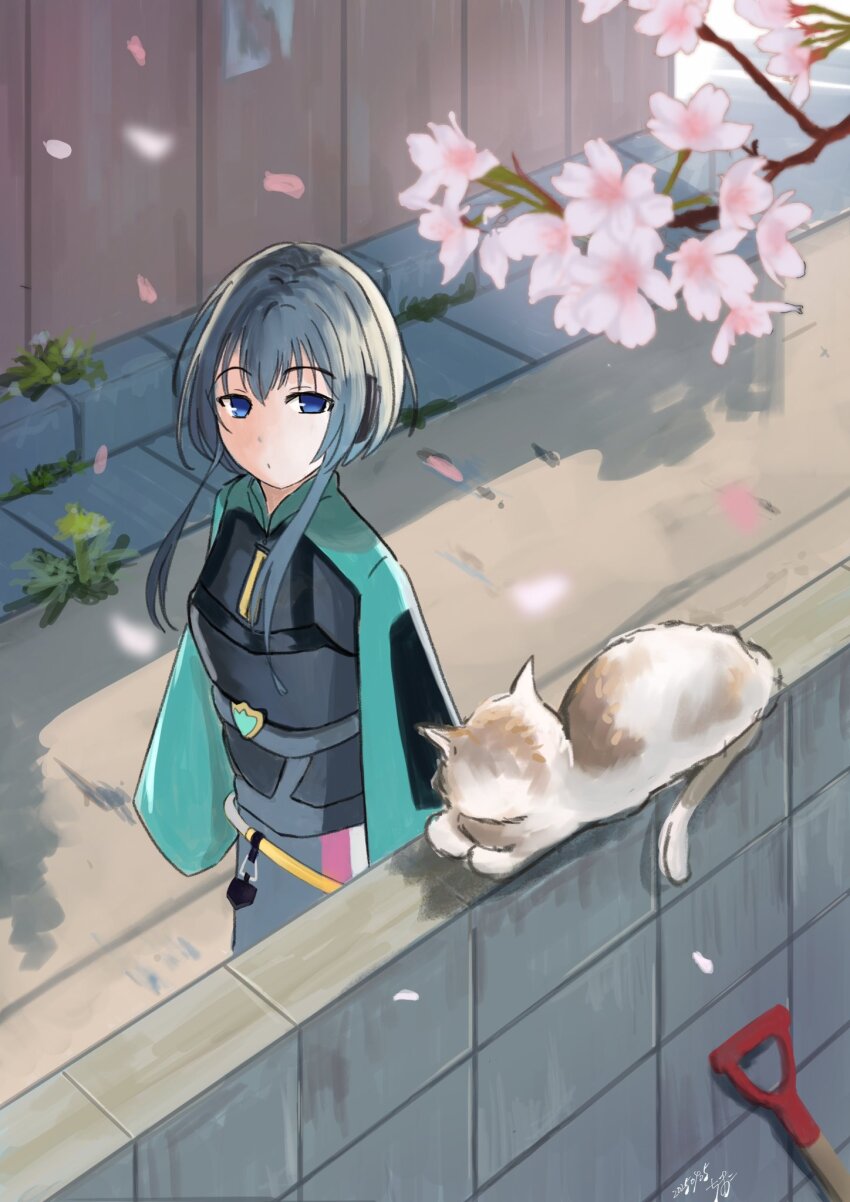 1girl black_hair cat cherry_blossoms highres nippori_harukaze station_memories tagme