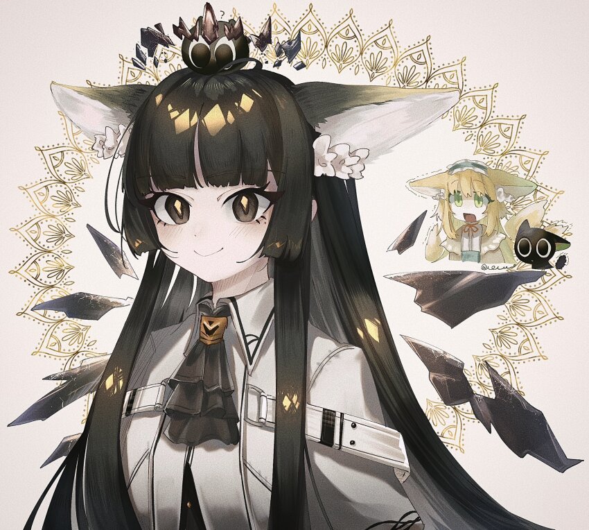 2girls animal_ears arknights ascot black_ascot black_hair blonde_hair dark_halo detached_wings fox_ears fox_girl green_eyes hairband halo highres kemonomimi_mode long_hair luo_xiaohei luo_xiaohei_(cat) luo_xiaohei_zhanji multiple_girls o_eeee_o official_alternate_costume open_mouth sidelocks signature smile suzuran_(arknights) suzuran_(spring_praise)_(arknights) upper_body very_long_hair virtuosa_(arknights) wings