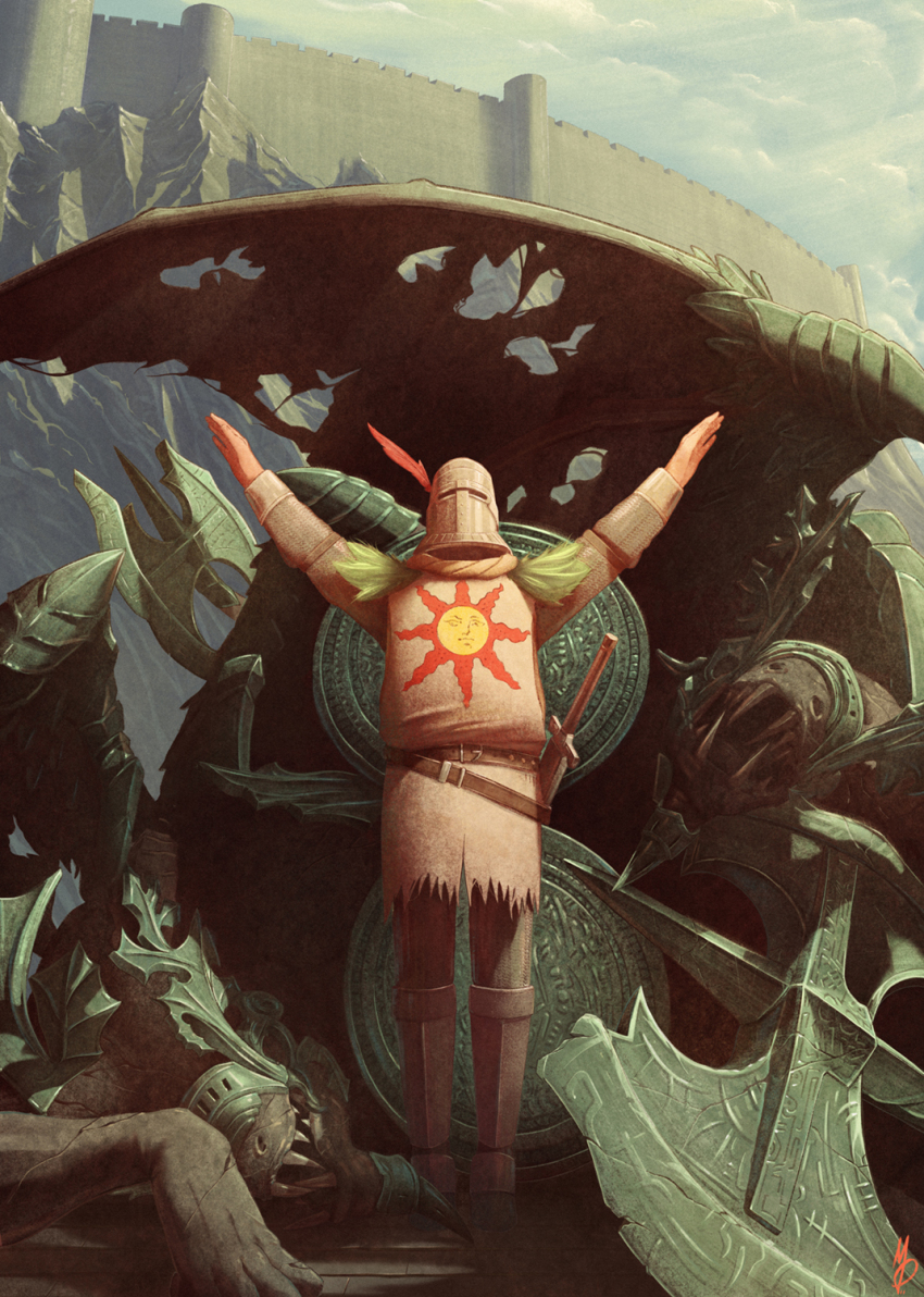 1boy armor axe belfry_gargoyle dark_souls_(series) dark_souls_i full_armor hands_up helm helmet highres male_focus max58art monster plume praise_the_sun solaire_of_astora sword tabard wall weapon