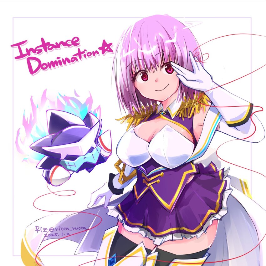 1girl alexis_kerib alexis_kerib_(new_order) breast_cutout breasts cleavage epaulettes frilled_skirt frills gloves gridman_universe gridman_universe_(movie) happy_birthday highres large_breasts looking_at_viewer purple_hair purple_skirt red_eyes risu_(ricca_rucca) shinjou_akane shinjou_akane_(new_order) shirt short_hair skirt smile thighhighs white_gloves