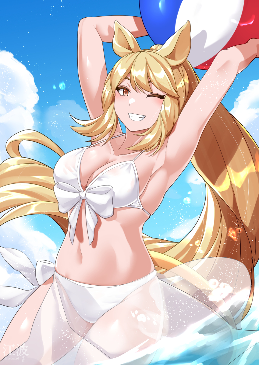 1girl absurdly_long_hair absurdres animal_ears armpits arms_up ball beachball bikini blonde_hair blue_sky bow bow_bikini breasts commentary_request cowboy_shot day eyebrows_hidden_by_hair grin high_ponytail highres holding holding_ball holding_beachball kawanami_eito kemono_friends large_breasts long_hair navel one_eye_closed outdoors parted_bangs ponytail rhinoceros_ears sarong see-through_clothes see-through_sarong sky smile solo stomach swimsuit tail very_long_hair water white_bikini white_bow white_rhinoceros_(kemono_friends) white_sarong yellow_eyes