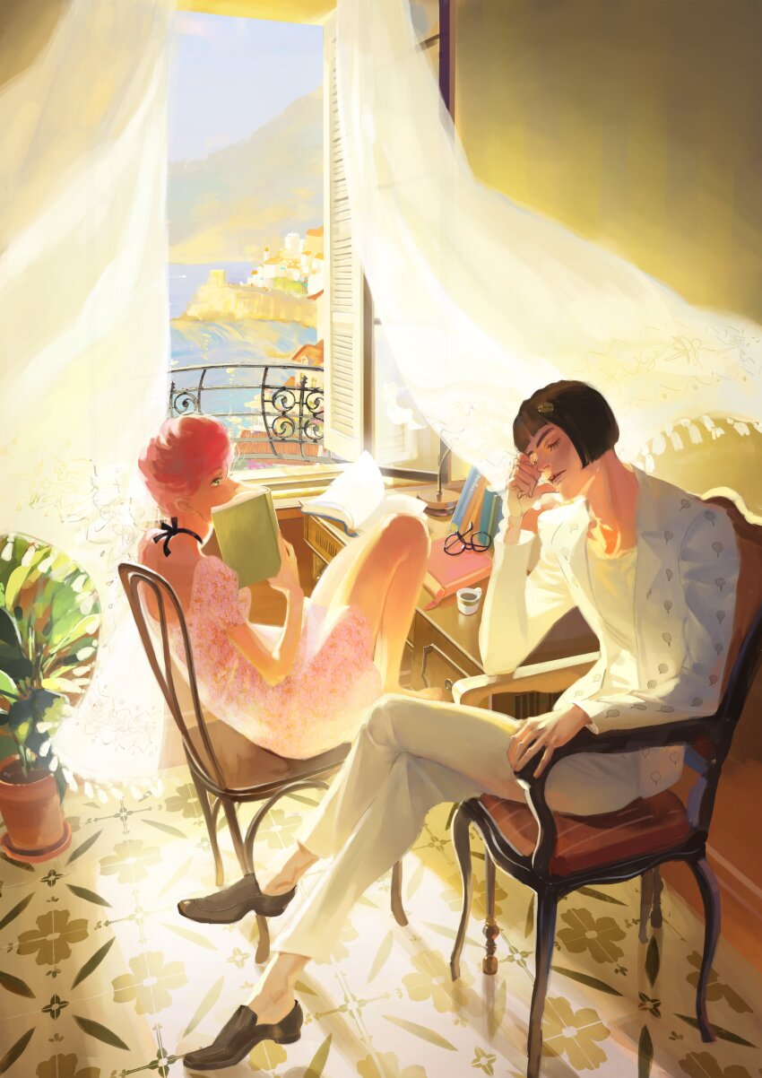 1boy 1girl absurdres black_hair bruno_bucciarati chair dress highres house jojo_no_kimyou_na_bouken on_chair open_window pink_dress pink_hair sitting trilo trish_una vento_aureo window window_blinds