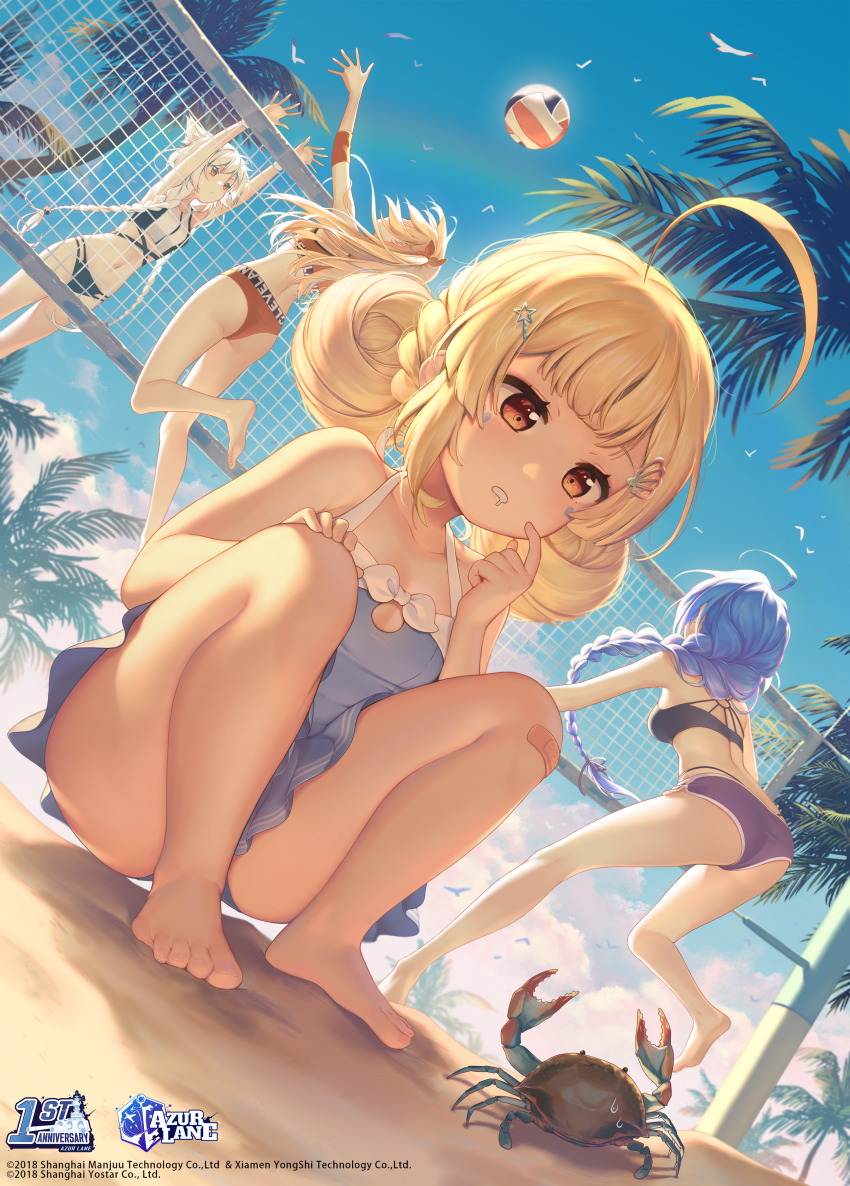 4girls absurdres ahoge animal animal_ear_fluff animal_ears anniversary arms_up ass azur_lane ball bandaid bandaid_on_knee bandaid_on_leg bare_arms bare_legs bare_shoulders barefoot beach_volleyball bikini biloxi_(azur_lane) bird black_bikini blonde_hair blue_one-piece_swimsuit blue_sky braid breasts brown_bikini casual_one-piece_swimsuit character_name child cleveland_(azur_lane) clothes_writing collarbone commentary copyright_name crab day double_bun drooling eldridge_(azur_lane) english_commentary hair_bun hair_ornament hair_ribbon hairclip hand_on_own_knee hand_up highres jumping leaning_forward long_hair low_twintails medium_breasts montpelier_(azur_lane) mouth_drool multi-strapped_bikini multiple_girls navel official_art one-piece_swimsuit one_side_up outdoors palm_tree parted_lips playing_sports purple_hair purple_shorts red_ribbon ribbon shirt short_shorts shorts sidelocks single_braid sky small_breasts soles squatting star_(symbol) star_hair_ornament starbottle sweat swimsuit thighs toenails tree twin_braids twintails very_long_hair volleyball volleyball_(object) volleyball_net white_shirt