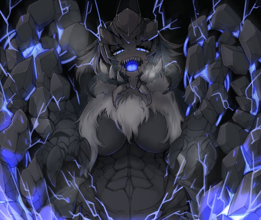 1girl arkveld blue_eyes blue_tongue breasts colored_skin colored_tongue energy_drain grey_hair grey_scales grey_skin highres horns katakoto_tktk large_breasts long_hair looking_at_viewer monster_girl monster_hunter_(series) monster_hunter_wilds open_mouth scales sharp_teeth solo teeth