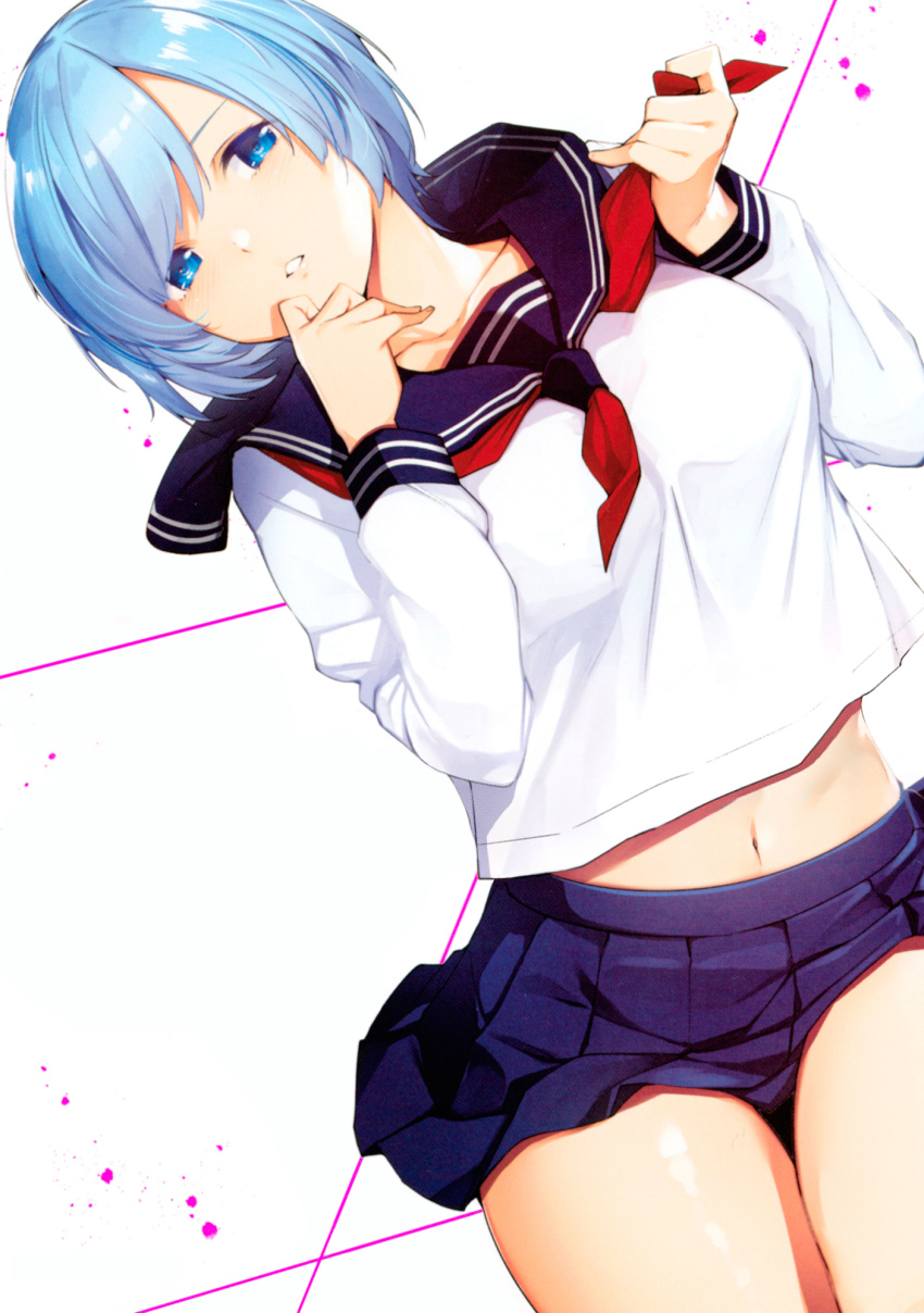 1girl aoyagi_rio aqua_hair blue_eyes bob_cut cleaned comic_cover cropped_shirt destiny_lovers hand_to_own_mouth head_tilt highres holding_neckerchief long_sleeves midriff miniskirt navel neckerchief official_art paint_splatter parted_lips pleated_skirt red_neckerchief sailor_collar sailor_shirt school_uniform shirt simple_background skirt solo thighs third-party_edit third-party_source tomohiro_kai white_background
