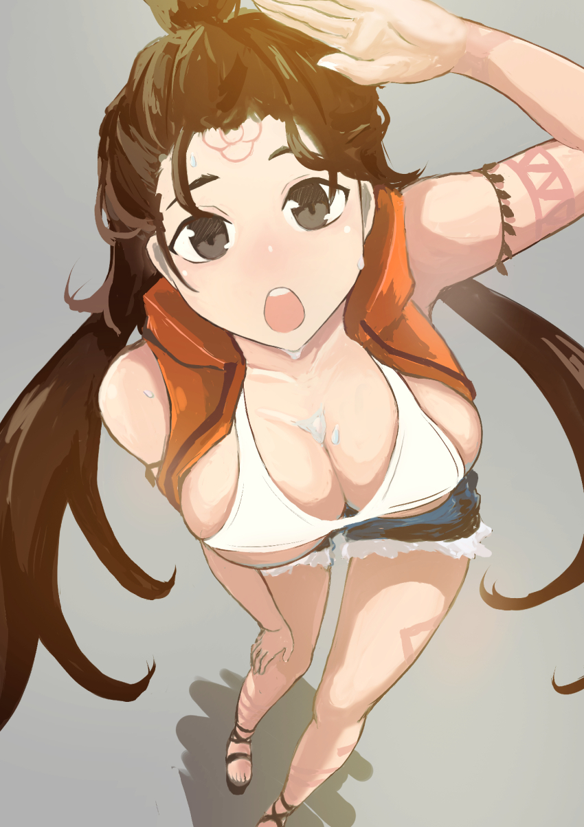 1girl arm_markings arm_up bare_shoulders black_eyes body_markings bra breasts brown_hair check_commentary cleavage coastm81942 commentary commentary_request denim denim_shorts facial_mark fate/grand_order fate_(series) forehead_mark foreshortening from_above grey_background hair_bun hand_on_own_thigh highres himiko_(fate) himiko_(tour_outfit)_(fate) hood hooded_vest hoodie hot large_breasts long_hair looking_at_viewer looking_up open_mouth orange_vest shadow short_shorts shorts sideboob simple_background sleeveless sweat thighs topknot twintails underwear vest white_bra