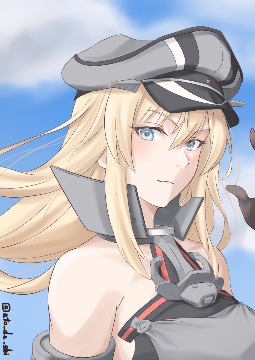 1girl absurdres anchor_choker atodashi bismarck_(kancolle) blonde_hair blue_eyes breasts brown_gloves close-up detached_sleeves gloves hat highres kantai_collection large_breasts long_hair military_hat military_uniform peaked_cap smile solo