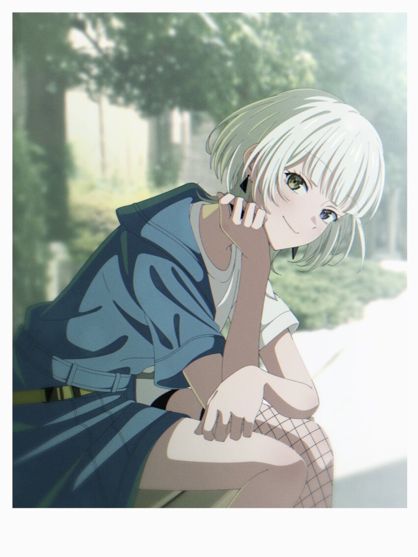 1girl bang_dream! bang_dream!_it&#039;s_mygo!!!!! black_shorts blue_eyes blurry blurry_background blush closed_mouth commentary day earrings fake_photograph fishnet_thighhighs fishnets hashtag-only_commentary heterochromia highres jewelry kaname_raana outdoors shirt short_hair shorts single_thighhigh sitting solo thighhighs white_hair white_shirt yasou0049 yellow_eyes