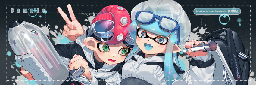 1boy 1girl arm_up aviator_goggles ballpoint_splatling_(splatoon) black_jacket bloblobber_(splatoon) blue-framed_eyewear blue_eyes blue_hair blue_tongue blunt_bangs blush colored_tongue commentary eyewear_on_head fang fingernails goggles goggles_on_head green_eyes highres holding holding_weapon hood hood_down hooded_jacket inkling inkling_girl inkling_player_character jacket jinkoika long_hair long_sleeves multicolored_jacket nintendo octoling octoling_boy octoling_player_character open_mouth pointy_ears red_hair sample_watermark sharp_fingernails short_hair skin_fang smile splatoon_(series) suction_cups sunglasses symbol-only_commentary tentacle_hair two-tone_jacket upper_body v watermark weapon white_jacket
