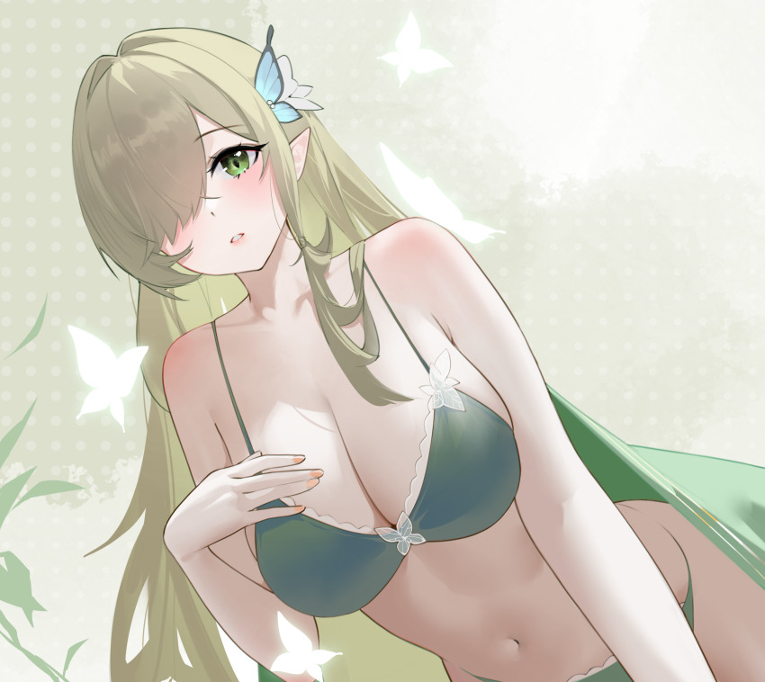 1girl absurdres annlee azur_lane bare_arms bare_shoulders bikini blanket breasts bug butterfly butterfly_hair_ornament chinese_commentary collarbone commentary_request de_zeven_provincien_(azur_lane) de_zeven_provincien_(snuggling_for_warmth)_(azur_lane) diamond-shaped_pupils diamond_(shape) green_bikini green_blanket green_eyes green_hair hair_ornament hair_over_one_eye highres insect large_breasts long_bangs long_hair looking_at_viewer nail_polish navel orange_nails pointy_ears solo stomach swept_bangs swimsuit symbol-shaped_pupils very_long_hair