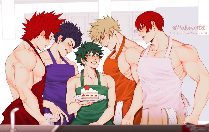 2boys 5boys absurdres apron bakudeku bakugou_katsuki black_hair blonde_hair blush boku_no_hero_academia bones_(company) burn_scar cake cup curly_hair food freckles fruit green_apron green_eyes green_hair harem highres holding holding_food holding_plate kirideku kirishima_eijirou licking_lips looking_at_another male_focus male_harem midoriya_izuku multicolored_hair multiple_boys muscular muscular_male naked_apron open_mouth pectorals plate red_apron red_eyes red_hair scar shindeku shinso_hitoshi short_hair shounen_jump smile spiked_hair strawberry teeth tododeku todoroki_shouto tongue tongue_out white_apron white_background yaoi yukarietd