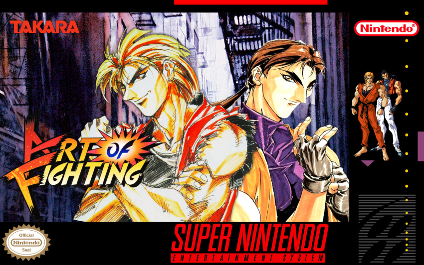2boys alley blonde_hair dougi fingerless_gloves game_console gloves highres karate_gi multiple_boys muscular muscular_male nintendo oobari_masami robert_garcia ryuuko_no_ken sakazaki_ryo super_nintendo takara