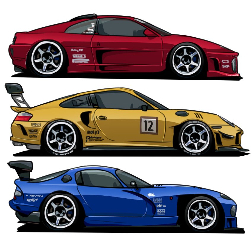absurdres advan commentary dodge_(company) dodge_viper english_commentary ferrari ferrari_348_tb from_side highres holeecrab no_humans original pirelli porsche porsche_911 porsche_996 simple_background spoiler_(automobile) vehicle_focus white_background