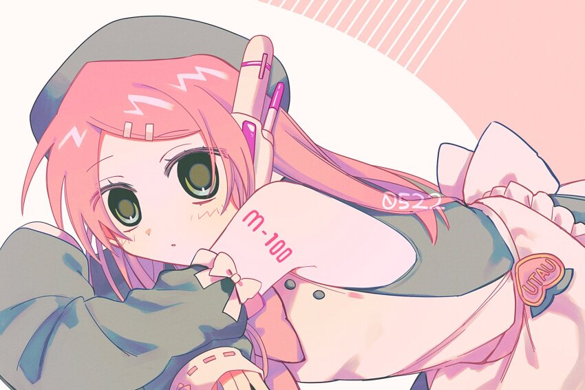 1girl apron bare_shoulders bent_over beret blush commentary cowboy_shot crossed_arms dated detached_sleeves dress green_dress green_eyes green_sleeves hair_ornament hairclip hat highres kajuu_(maimai_maimaa) long_hair long_sleeves looking_at_viewer looking_to_the_side momone_momo parted_lips pink_background pink_hair robot_ears shoulder_tattoo simple_background solo swept_bangs symbol-only_commentary tattoo two-tone_background utau white_apron white_background