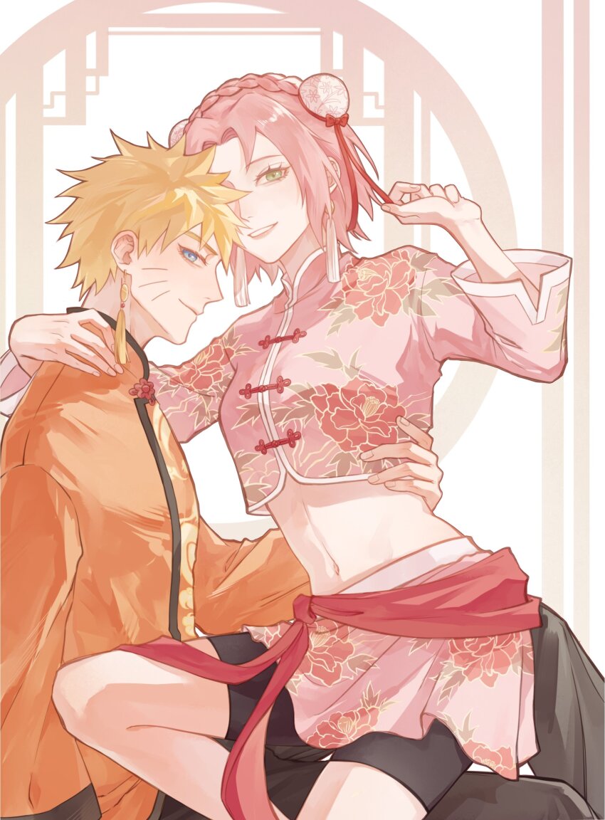 1boy 1girl absurdres blonde_hair china_dress chinese_clothes dress earrings haruno_sakura highres jewelry jianian naruto_(series) pink_hair sitting sitting_on_person uzumaki_naruto