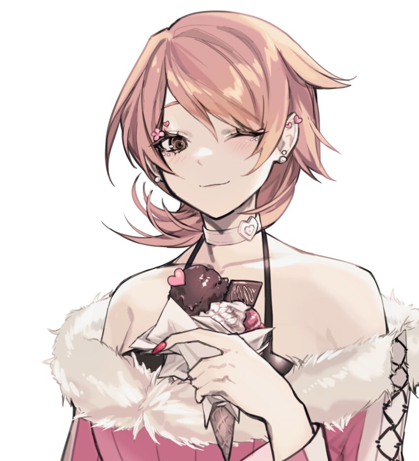 1girl absurdres anzu_(anzuhan) bare_shoulders blush brown_eyes brown_hair choker closed_mouth collarbone commentary cross-laced_clothes cross-laced_sleeves cross-laced_sweater earrings english_commentary facial_mark flipped_hair food fur-trimmed_sweater fur_trim halterneck heart heart_choker heart_facial_mark highres holding holding_food holding_ice_cream_cone ice_cream_cone jewelry looking_at_viewer nail_polish off-shoulder_sweater off_shoulder official_alternate_costume one_eye_closed persona persona_3 pink_nails pink_sweater ribbed_sweater short_hair smile solo stud_earrings sweater takeba_yukari upper_body white_background white_choker