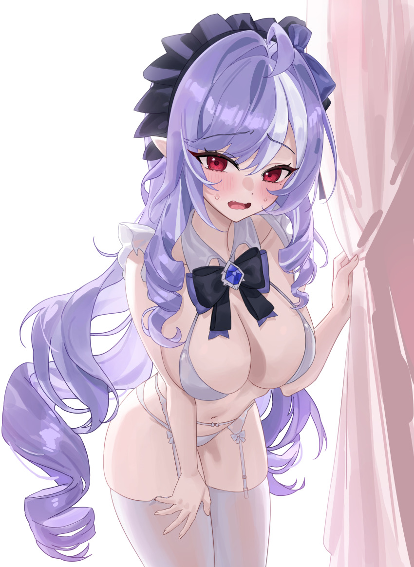 1girl absurdres ahoge black_bow black_bowtie bow bowtie bra breasts commentary_request curtain_grab curtains garter_belt garter_straps hido88 highres large_breasts long_hair looking_at_viewer mole mole_under_eye navel panties pointy_ears red_hair solo stomach thighhighs thighs underwear very_long_hair vivian_banshee white_bra white_garter_belt white_garter_straps white_panties white_thighhighs zenless_zone_zero