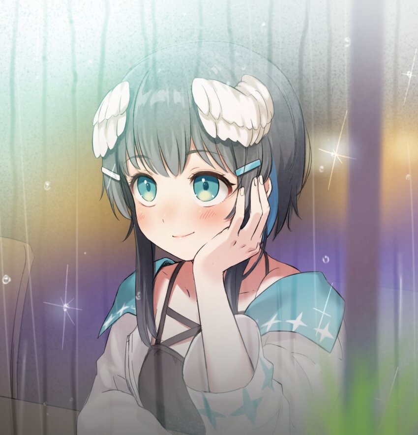 1girl black_dress blue_eyes blurry blurry_foreground blush closed_mouth collarbone commentary_request depth_of_field dress feathered_wings hair_ornament hairclip hand_up head_wings highres indie_virtual_youtuber jacket kurata_rine kurata_rine_(vtuber) long_sleeves open_clothes open_jacket rain smile solo virtual_youtuber white_jacket white_wings window wings