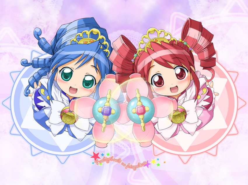 00s bow drill_hair fine_(futagohime) fine_(prominence_dress_up)_(futagohime) fushigiboshi_no_futago_hime highres rein_(futagohime) rein_(prominence_dress_up)_(futagohime) tiara tokuda_shinnosuke twintails wand