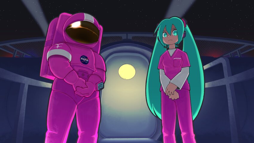 1boy 1girl aqua_eyes aqua_hair astronaut chain-link_fence commentary commission digboye english_commentary facing_viewer fence glass_ceiling hair_between_eyes hair_ornament hatsune_miku headset helmet highres indoors jumpsuit keypad logo long_hair moonbase_alpha nasa nasa_logo own_hands_together pants pink_pants pink_shirt prison_clothes reflection shirt sidelocks sky space space_helmet spacesuit standing star_(sky) starry_sky twintails very_long_hair vocaloid white_shirt