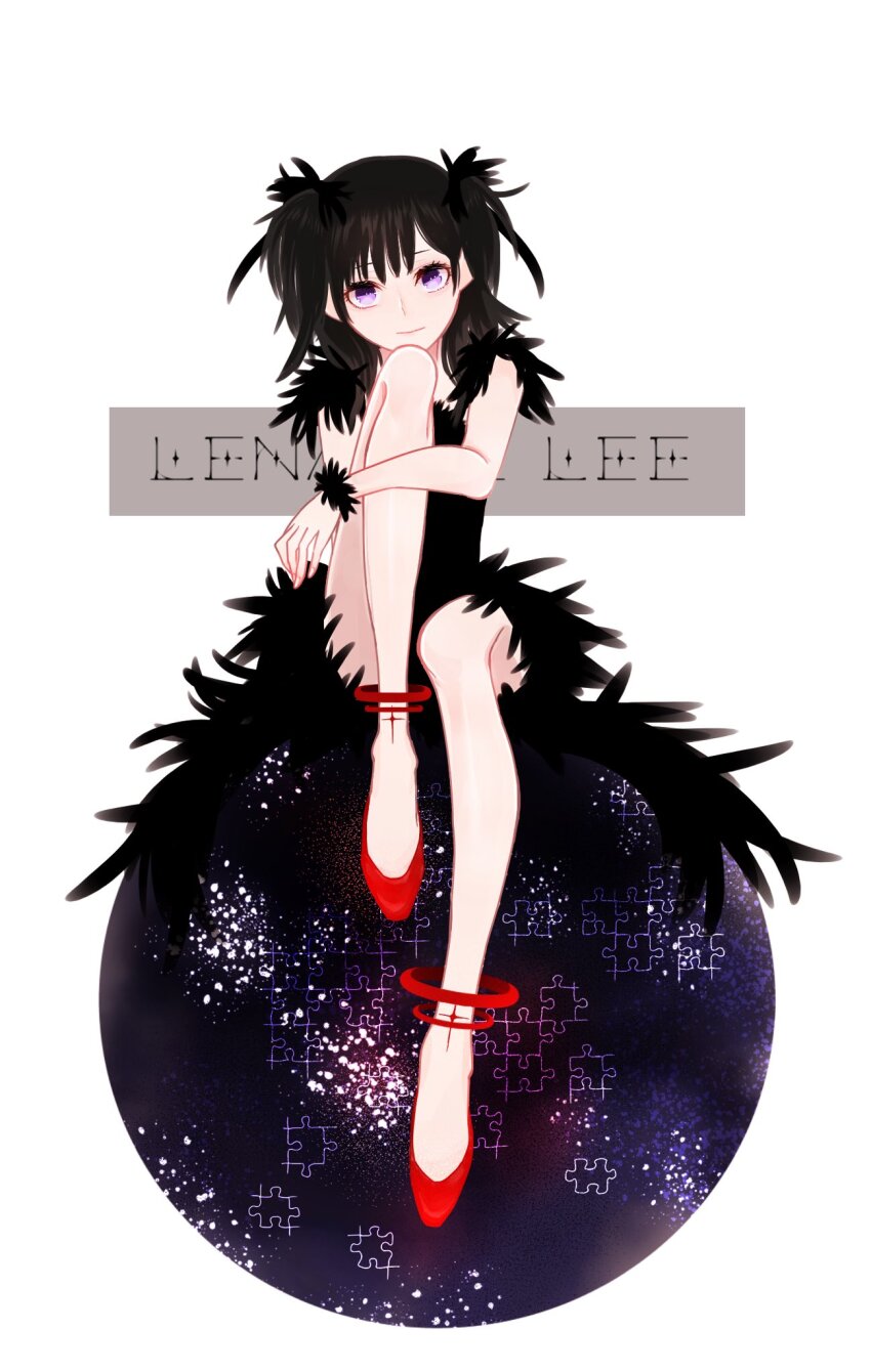 1girl ankle_tattoo anklet bare_arms bare_legs black_dress black_feathers black_hair black_ribbon black_wrist_cuffs character_name commentary_request cross cross_tattoo d.gray-man dress english_text facing_viewer feather-trimmed_dress feather_trim feathers hair_between_eyes hair_ribbon highres hugging_own_leg jewelry legs lenalee_lee light_smile long_dress long_hair looking_at_viewer mochitowa multiple_anklets oversized_object parted_bangs purple_eyes puzzle_piece red_shoes red_tattoo ribbon shoes sidelocks simple_background single_wrist_cuff sitting sitting_on_ball solo tattoo thighs two_side_up white_background wrist_cuffs