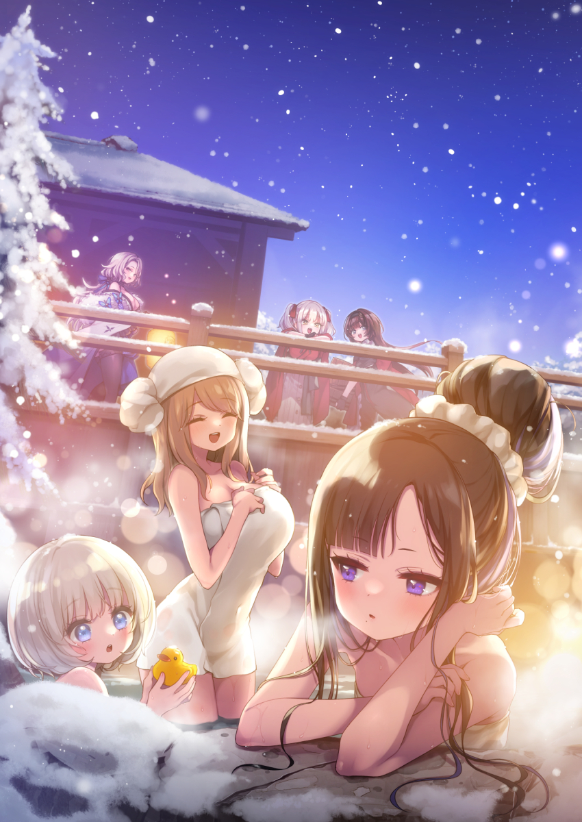 6+girls absolute_(nikke) architecture belorta_(nikke) black_hair blonde_hair breasts carronades_(nikke) east_asian_architecture emma_(nikke) eunhwa_(nikke) fummy goddess_of_victory:_nikke grey_hair highres large_breasts ludmilla_(nikke) ludmilla_(winter_owner)_(nikke) mica_(nikke) mica_(snow_buddy)_(nikke) multiple_girls naked_towel onsen outdoors railing rubber_duck same-sex_bathing shared_bathing snow snowing towel towel_hat vesti_(nikke)