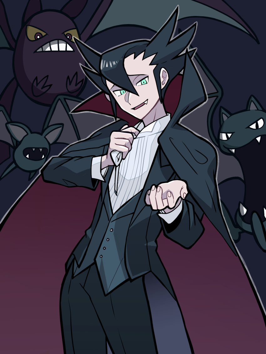 1boy alternate_costume black_cape black_hair black_pants buttons cape commentary_request crobat evolutionary_line fang gen_1_pokemon gen_2_pokemon golbat green_eyes grimsley_(pokemon) hair_between_eyes highres holding looking_at_viewer male_focus nintendo open_mouth outline pants pokemon pokemon_(creature) pokemon_bw raised_eyebrows shirt smile spiked_hair tongue usarinko vest white_shirt zubat