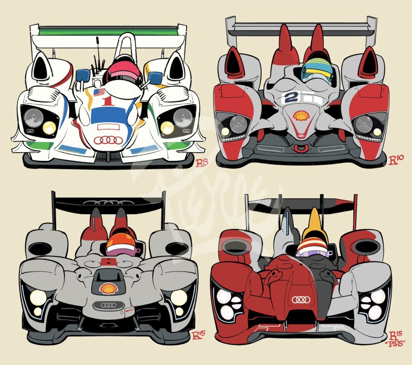 4boys american_flag american_le_mans_series audi audi_r10_tdi audi_r15_tdi audi_r8_(lmp) car character_request commentary english_commentary grey_car helmet highres le_mans_prototype motor_vehicle multiple_boys race_vehicle racecar shell_(company) spoiler_(automobile) vehicle_focus white_car will_pierce yellow_background