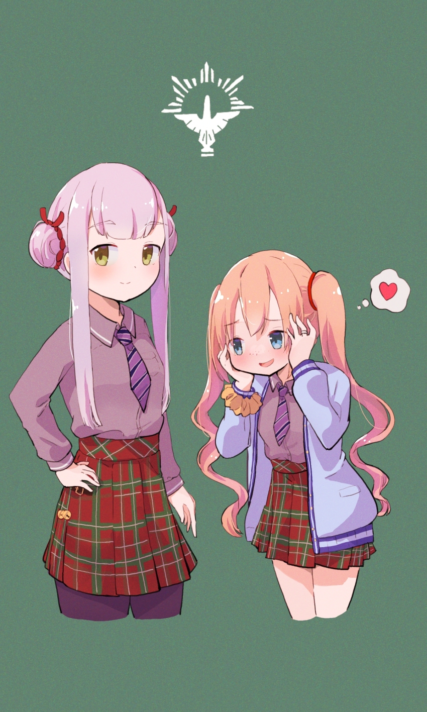 2girls arm_at_side bell blue_eyes blue_jacket blunt_bangs blush breast_pocket buttons closed_mouth collared_shirt cowboy_shot cropped_legs diagonal-striped_clothes diagonal-striped_necktie dot_nose double_bun freckles green_background green_eyes grey_hair grey_shirt hair_between_eyes hair_bun hand_on_own_hip hands_on_own_face heart highres hikarizuka_school_uniform jacket jewelry jingle_bell kagura_san kashi_neko long_hair long_sleeves looking_at_another looking_at_viewer magia_record:_mahou_shoujo_madoka_magica_gaiden mahou_shoujo_madoka_magica miniskirt multiple_girls necktie open_mouth orange_hair pantyhose plaid_clothes plaid_skirt pleated_skirt pocket purple_necktie red_skirt ring school_uniform scrunchie shirt short_necktie sidelocks simple_background skirt smile speech_bubble striped_clothes thought_bubble track_jacket twintails very_long_hair wavy_hair wrist_scrunchie yellow_scrunchie yukari_miyuri